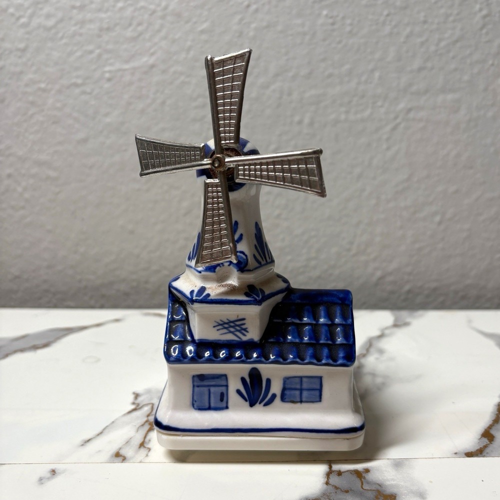 Vintage Elesva Delft Blue Windmill Music Box Hand Painted Holland Working